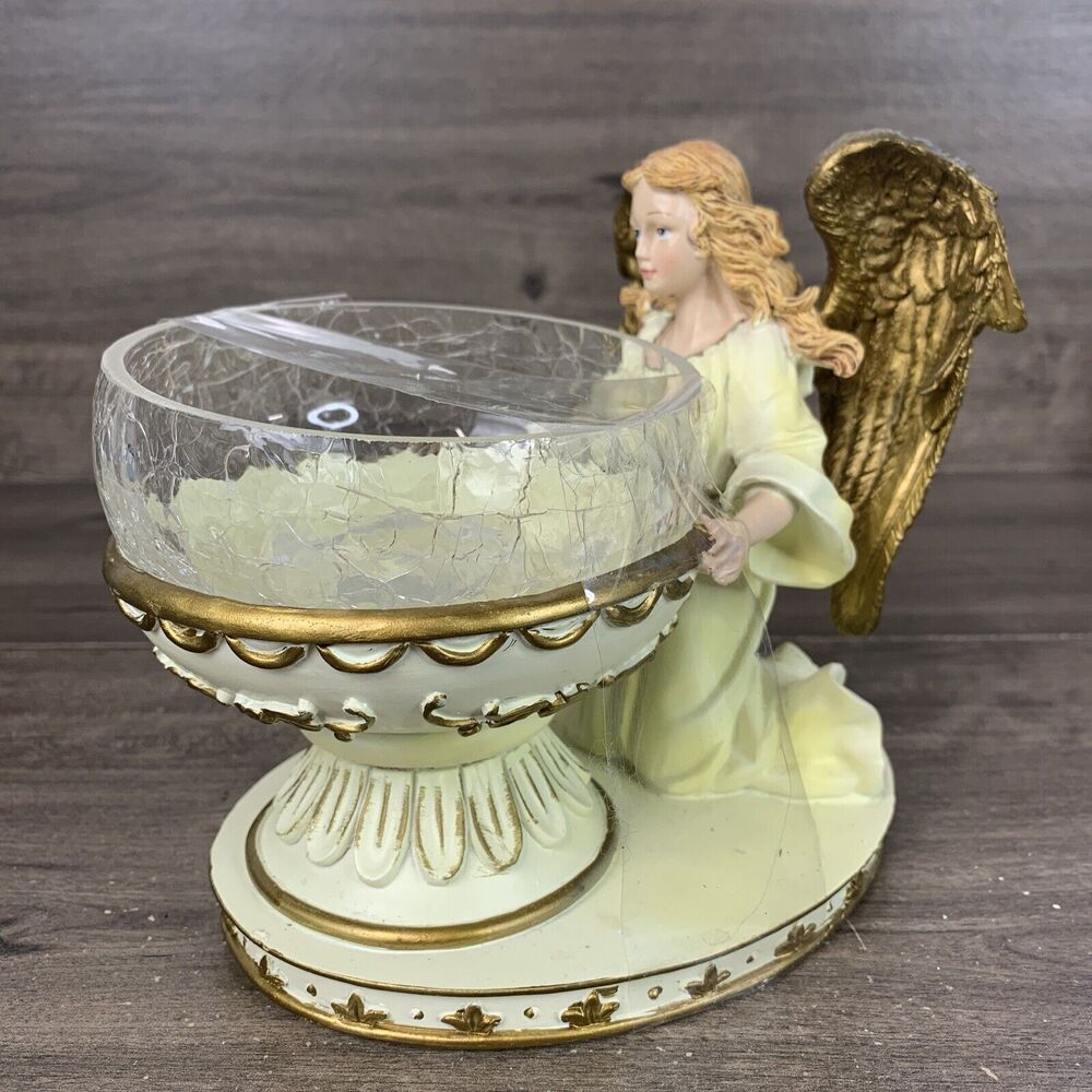 VTG Beautiful Angel Candy Bowl Crackle Glass White and Gold on Base